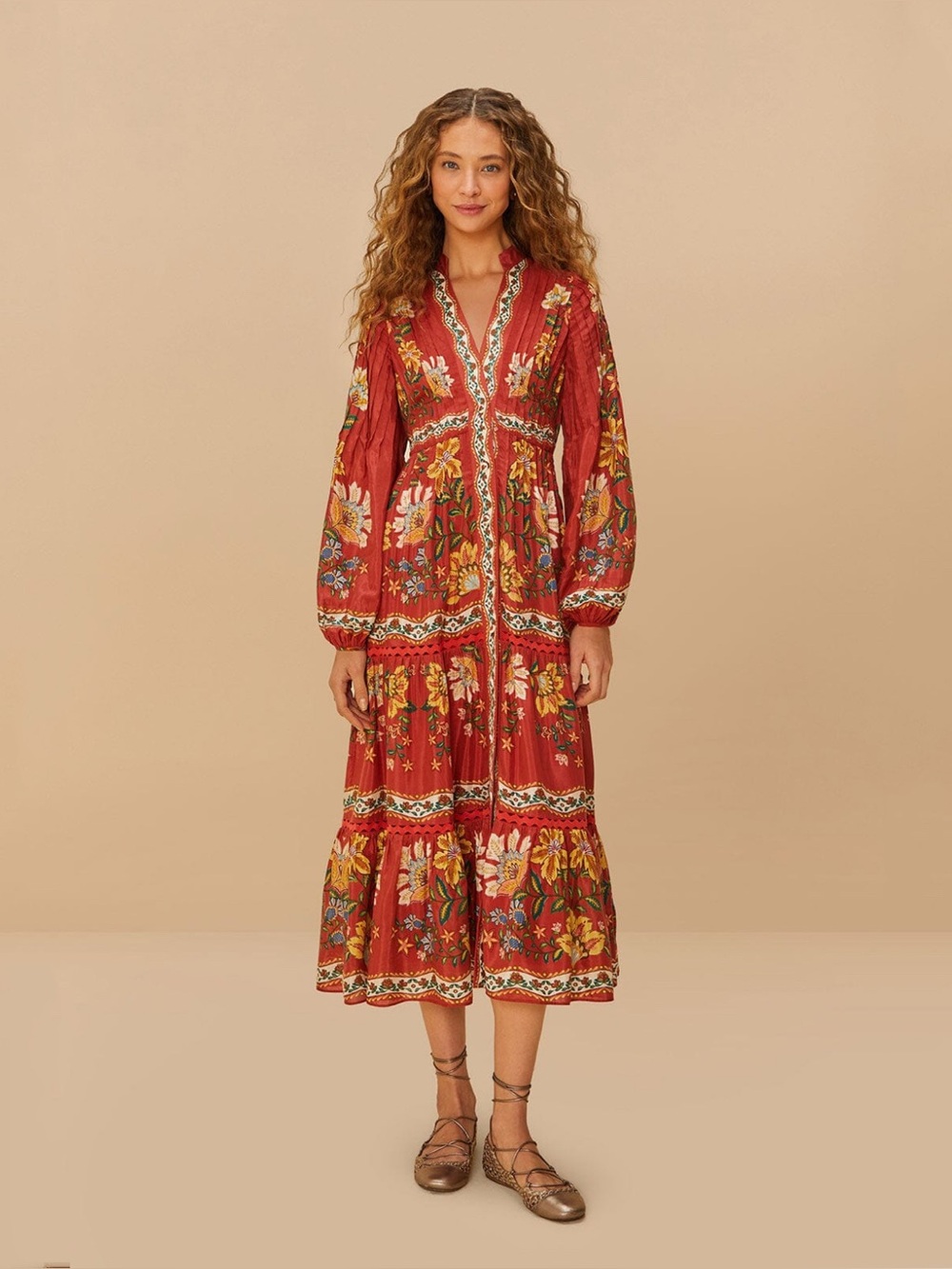 Farm Rio Red Garden Delight Long Sleeve Midi Dress